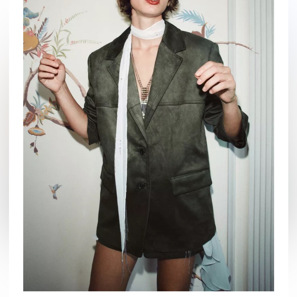 ✨EUC Zara Faux Suede Moss Green Oversized Blazer Jacket Sz-M